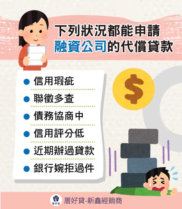 下列狀況都能申請融資公司的代償貸款-代償是什麼？銀行、融資公司、代書二胎房貸代償管道評比